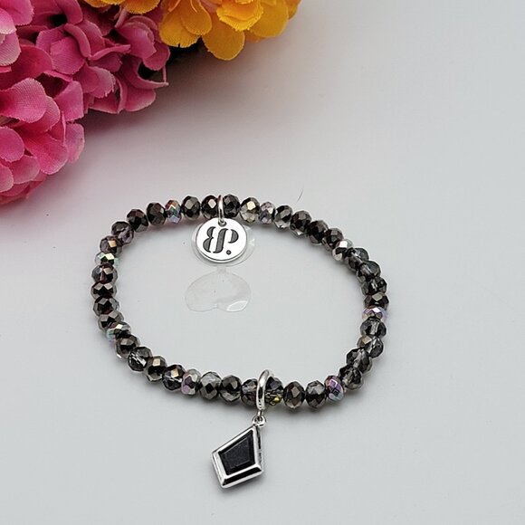 Bomb Party Black Onyx Charm Smoky Crystal Bracelet Stretch 7" Adj. Silver Tone - Picture 1 of 8